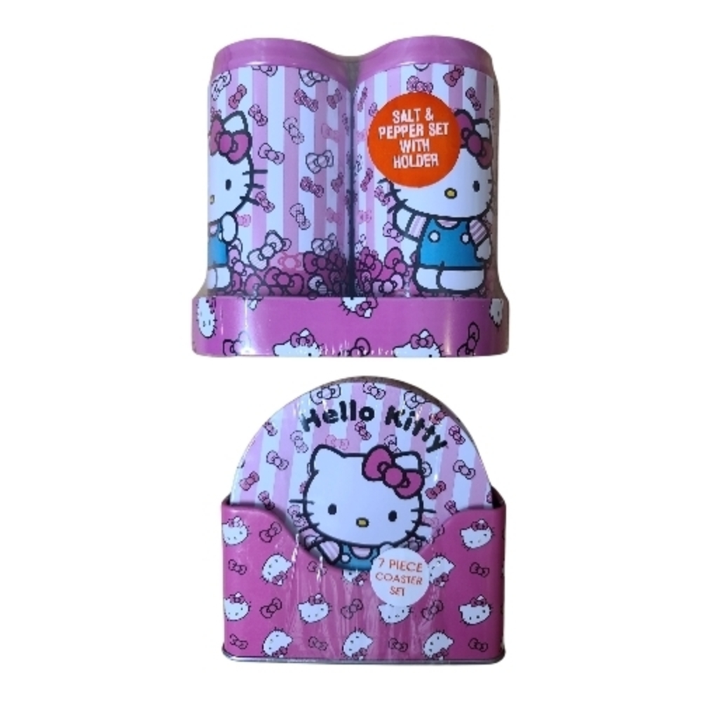 Hello Kitty Pink Salt & Pepper Shaker Set  & Set of 7 Matching Coasters NEW